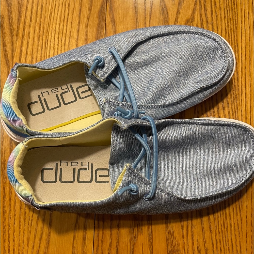 Hey Dude sparkly Blue Slip-On Loafers with rainbow back